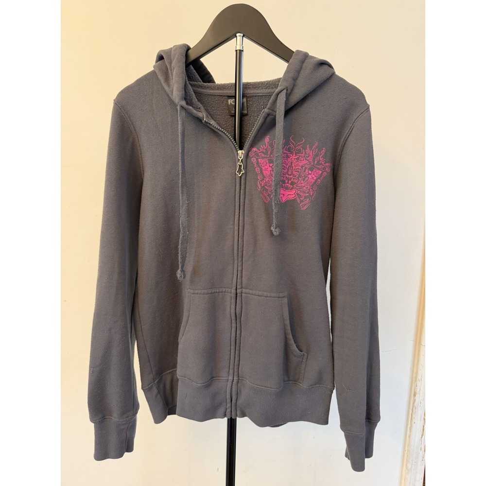 Fox Racing Full-Zip Hoodie Sweatshirt  Large Gray w/ Neon Pink Graphics Y2K